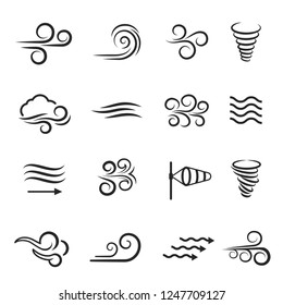 Wind weather and environment, nature icon set. Natural movement of the air symbols. Vector line art illustration isolated on white background