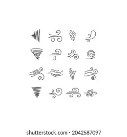 Wind weather and environment, nature icon set. Natural movement of the air symbols. Vector line art illustration isolated on white background.