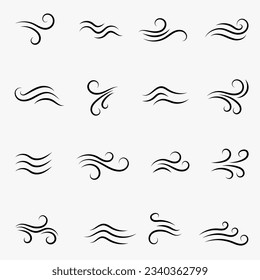 Wind weather and environment, nature icon set. Natural movement of the air symbols. Vector line art illustration isolated on white background.