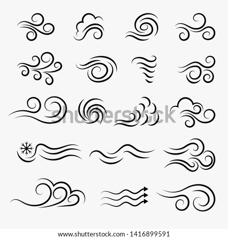 Wind weather and environment, nature icon set. Natural movement of the air symbols. Vector line art illustration isolated on white background.