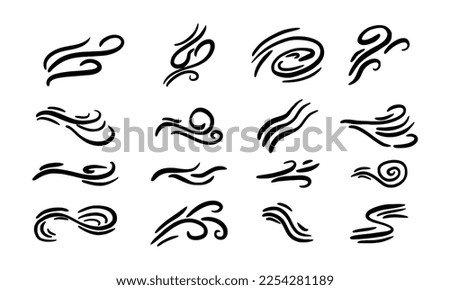 Wind weather and environment, nature icon set. Natural movement of the air symbols. Vector line art illustration isolated on white background.