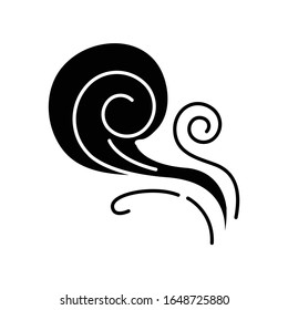 Wind whirl black glyph icon. Cold fresh air swirl. Whirlwind. Good smell, evaporation. Aromatic fragrance. Blowing wind spirals, fume. Silhouette symbol on white space. Vector isolated illustration