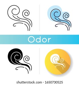 Wind whirl icon. Cold fresh air swirl. Whirlwind. Good smell, evaporation. Aromatic fragrance. Blowing wind spirals, fume. Linear black and RGB color styles. Isolated vector illustrations