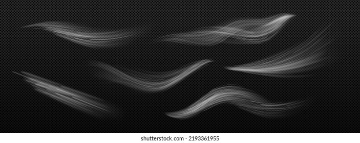 Wind, white smoke or cold air motion effect isolated on transparent background. Vector realistic illustration of abstract wind flows, dust flows or scratch lines