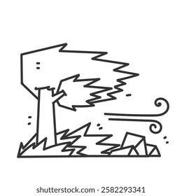 windblown stone grass tree in doodle cartoon style