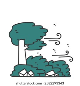 windblown stone grass tree in doodle cartoon style
