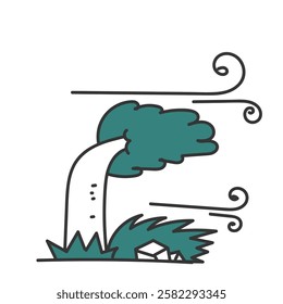 windblown stone grass tree in doodle cartoon style