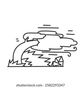 windblown stone grass tree in doodle cartoon style