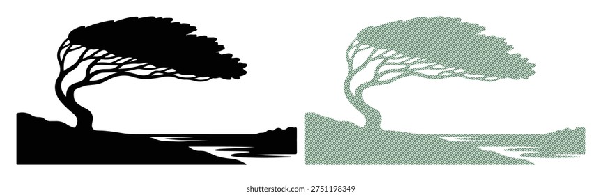 Windblown tree, coastal landscape, natural resilience, overcoming adversity, scenic view