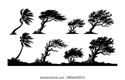 Windblown tree silhouette set, strong hurricane wind blowing palm trees, storm weather nature vector icons isolated on white background graphic