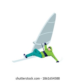 Windboarder windsurfing on snow. Athlete character in warm clothing windboarding, extreme winter sport cartoon vector illustration isolated on white background