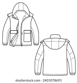 Windschutzjacke mit Windschutzhaube, winddichte Hooding-Jacke für Mädchen mit Taschen. Die Außenbekleidung ist technische Modegrafik. Vorderseite der Flach-Coat-Vorlage 