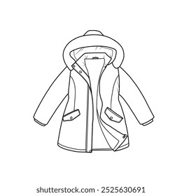 Windbreaker jaqueta com capuz, jaqueta com capuz à prova de vento para desenho contorno da menina. Ilustração desenhada à mão jaquetas roupa exterior ilustração de moda técnica. Projeto de modelo de revestimento plano, vista frontal.