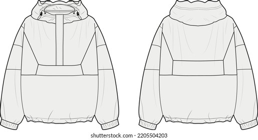 Windbreaker Hoodie Technical Drawing  Half Zipper Vintage 90s Windbreaker Wind Jacket Waterproof 80s Hoodie Fashion CAD Activewear Unisex