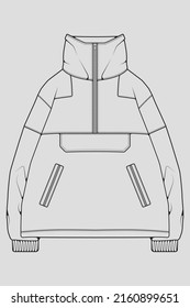 Windbreaker jacket technical fashion illustration sketch, long sleeves, welt pockets. template front sketch jacket, with grey color background. Women, men, unisex.