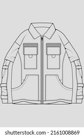 Windbreaker jacket technical fashion illustration sketch, long sleeves, welt pockets. template front sketch jacket, with grey color background. Women, men, unisex.