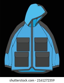 Windbreaker jacket technical fashion illustration multicolor , long sleeves, welt pockets. template front jacket, with black color background. Women, men, unisex.
