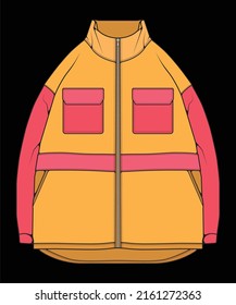 Windbreaker jacket technical fashion illustration multicolor , long sleeves, welt pockets. template front jacket, with black color background. Women, men, unisex.
