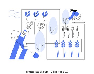 Ilustración del vector de concepto abstracto de parabrisas. Grupo de agricultores plantan arbustos y árboles entre campos, agricultura sostenible, agroecología, parabrisas plantando metáfora abstracta.