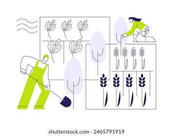 Windbreaks abstract concept vector illustration. Group of farmers plant bushes and trees between fields, sustainable agriculture, agroecology industry, windbreaks planting abstract metaphor.
