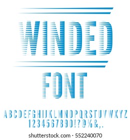 Winded stylized, blue colored retro 80 stripped looks font. Vector set
