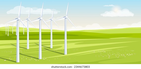 Windfarm. Alternative energy. Modern ecology power. Environmental electricity. Nature industry. Renewable resource. Clean Production, Green generation. Blade station. Vector illustration