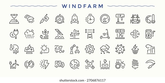 Conjunto de iconos modernos de Windfarm Tools. Herramienta de iconos aislados. Paquete de iconos minimalistas. Conjunto de iconos lineales de máquina. Trazo editable. Pixel perfecto.