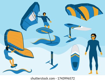 Windfoiling elements on blue background. Windsurfers, board, hydroFoil, hand-held inflatable sail