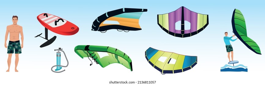 Windfoiling elements. Windsurfers, board, hydroFoil, hand-held inflatable sail