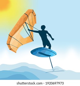 Windfoiling with a special wing  - handheld inflatable sail. Vector watercolor.