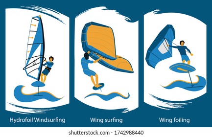 Windfoiling and Wing surfing - styles of windsurfing. Surfer  uses a special board with hydrofoil and Wing - hand-held inflatable sail