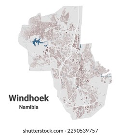 Windhoek map, capital city of Namibia. Municipal administrative area map with buildings, rivers and roads, parks and railways. Vector illustration.