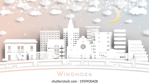 Windhoek Namibia City Skyline in Paper Cut Style with Snowflakes, Moon and Neon Garland. Vector Illustration. New Year Concept. Windhoek Cityscape with Landmarks.