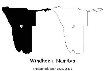 Windhoek, Namibia. Detailed Country Map with Location Pin on Capital City. Black silhouette and outline maps isolated on white background. EPS Vector