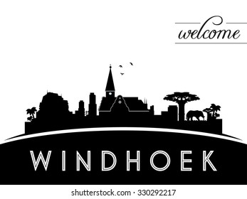 Windhoek skyline silhouette, black and white design, vector illustration