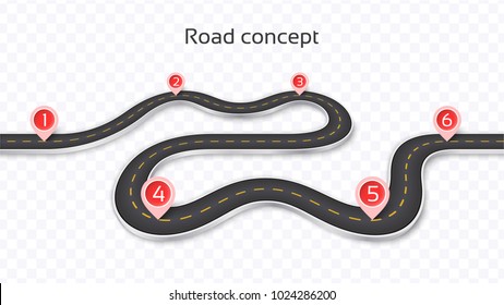 Winding 3D road concept on a transparent background. Timeline template. Vector illustration