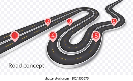 Winding 3D road concept on a transparent background. Timeline template. Vector illustration