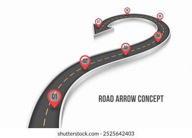 Conceito infográfico de estrada 3d sinuoso em um fundo branco. Modelo de linha do tempo. Ilustração vetorial