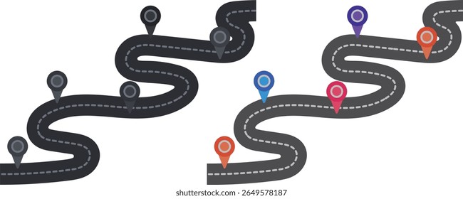 winding 3d road infographic concept. Isolated design vector illustration on black, gray, red, green and white background. Timeline template.