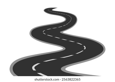 Winding asphalt road. Curve route illustration. Way to forward. Roadtrip journey.