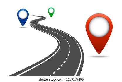 Winding asphalt road going away with pin pointers along. Concept of traveling and path planning. Vector illustration. Color markers along a curved road. Way location infographic template.