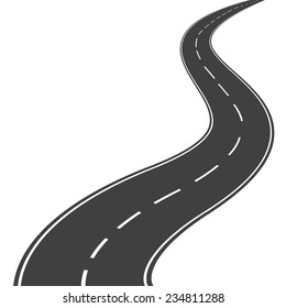 Winding asphalt road with markings leading into the distance on a white background. Vector illustration