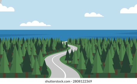Winding asphalt road runs through a lush green pine forest leading towards the blue sea under a clear sky with soft clouds.