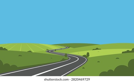 Winding asphalt road stretching through rolling green hills and grassy meadows under a clear sky.