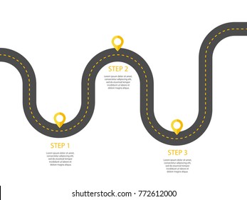 Winding asphalt road with three pin-pointers. Vector EPS 10