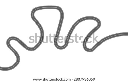 A winding asphalt road track isolated on a white background, top-down view of a curvy racetrack design element.