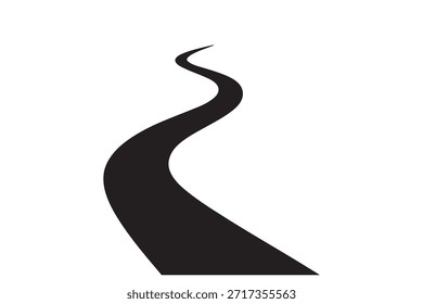 A winding black road stretching into the distance on a clean white background, symbolizing journey