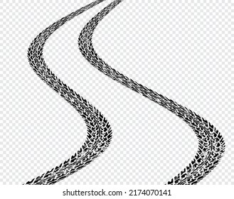 Winding black tires tracks on transparent background.	