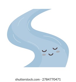 Winding blue river stream character with cute smiling face water mascot flat vector illustration