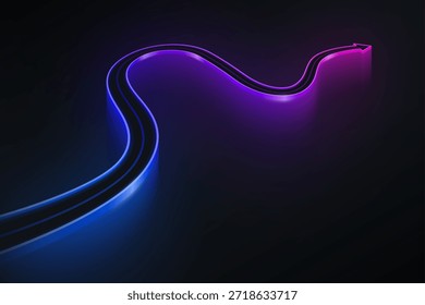 Conceito de estrada de luz brilhante sinuosa em um fundo preto. Conceito de seta abstrata. Ilustração vetorial